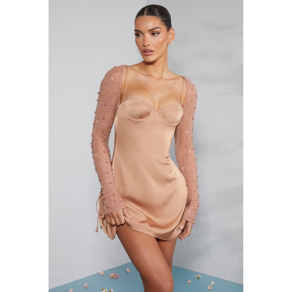 NWT Oh Polly Geneva Satin Mini Dress Sz 2 Beaded Bolero Long Sleeve Bodycon Tan